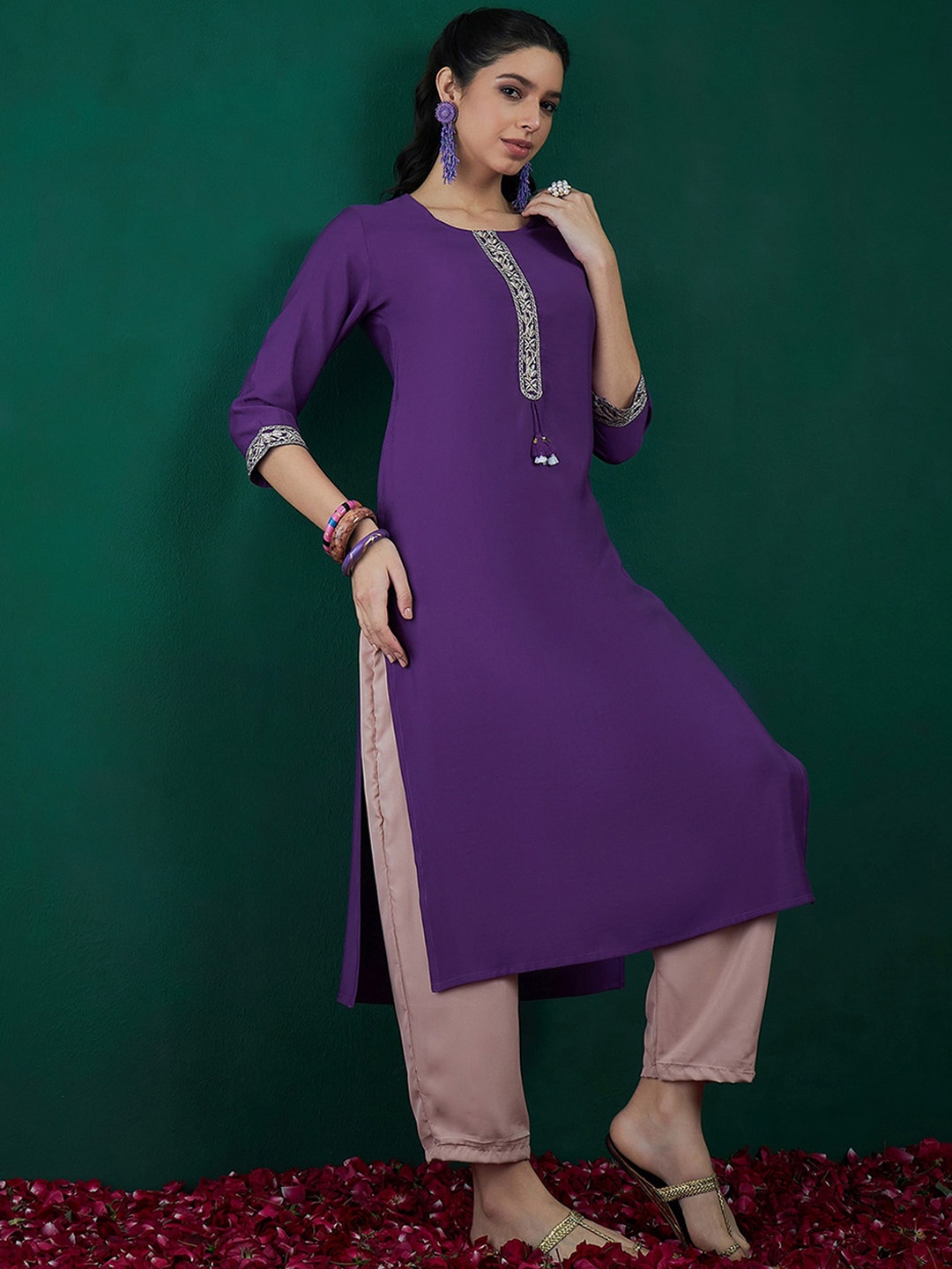 

Indo Era Purple Ethnic Motifs Yoke Design Thread Work Chanderi Silk Straight Kurta