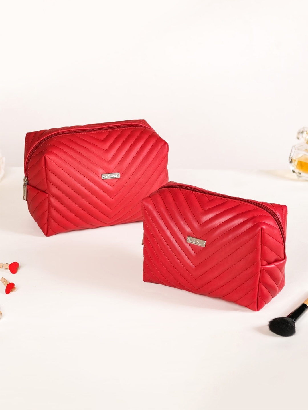 

Nestasia Set of 2 Textured Vegan Leather Makeup Pouches, Red