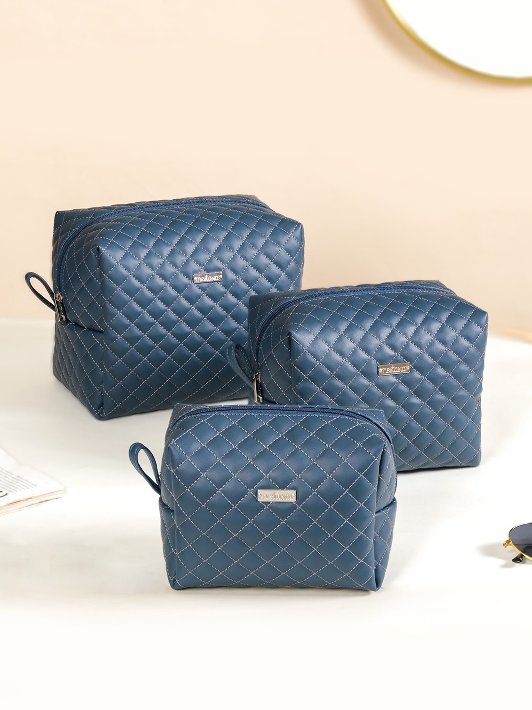 

Nestasia Set of 3 Textured Compact Pouch Travel Accessory, Blue