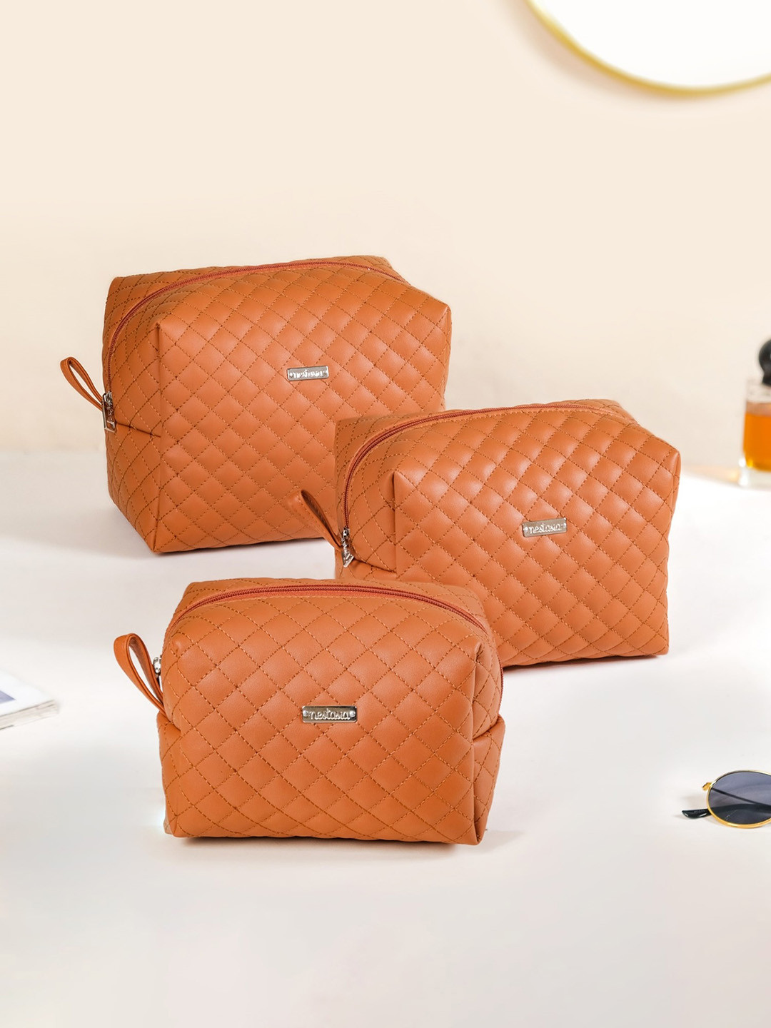 

Nestasia Set of 3 Textured Compact Pouch Travel Accessory, Tan