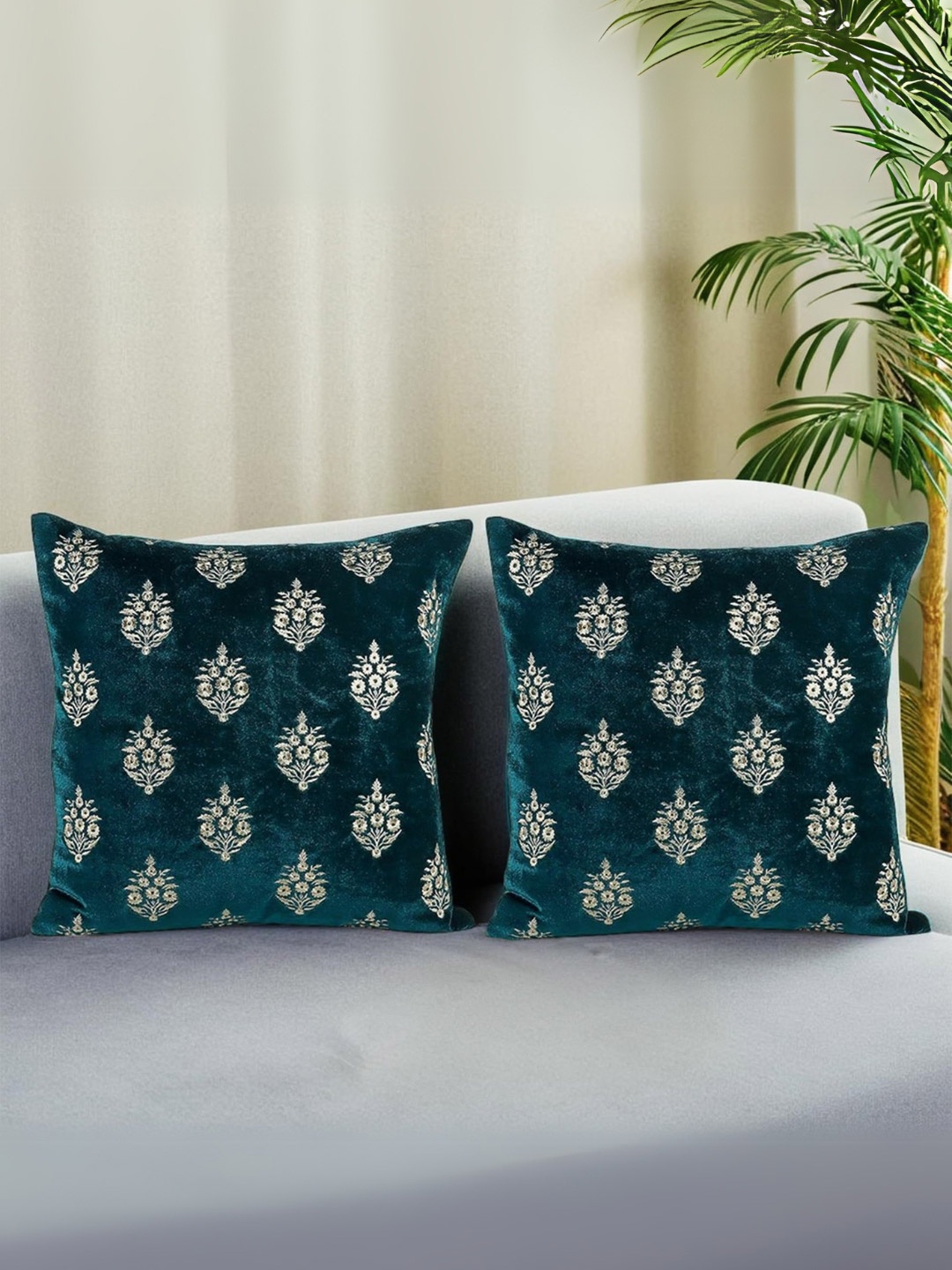 

Decoghar Turquoise Ethnic Embroidered 2 Pieces Square Cushion Covers, Turquoise blue