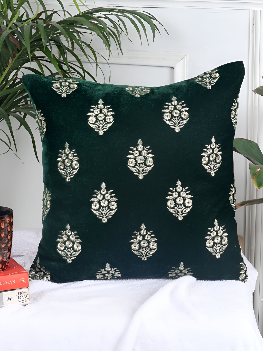 

Decoghar Wine Ethnic Embroidered 2 Pieces Square Cushion Covers, Green