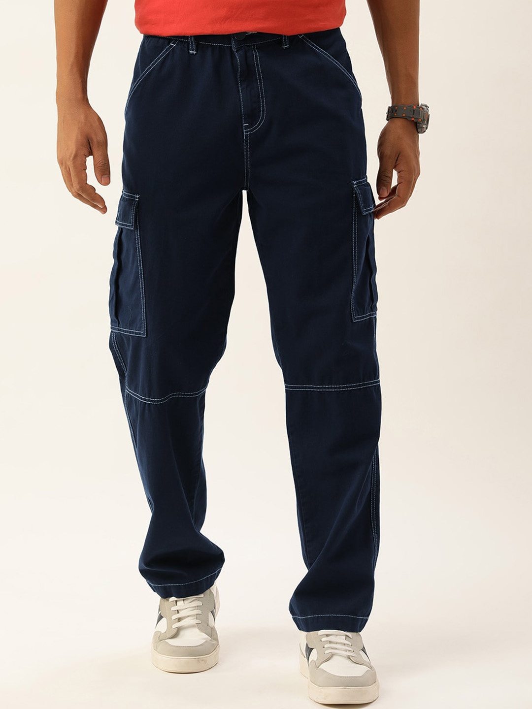 

Bene Kleed Men Regular Fit Contrast Stitch Detail Pure Cotton Cargo Trousers, Blue