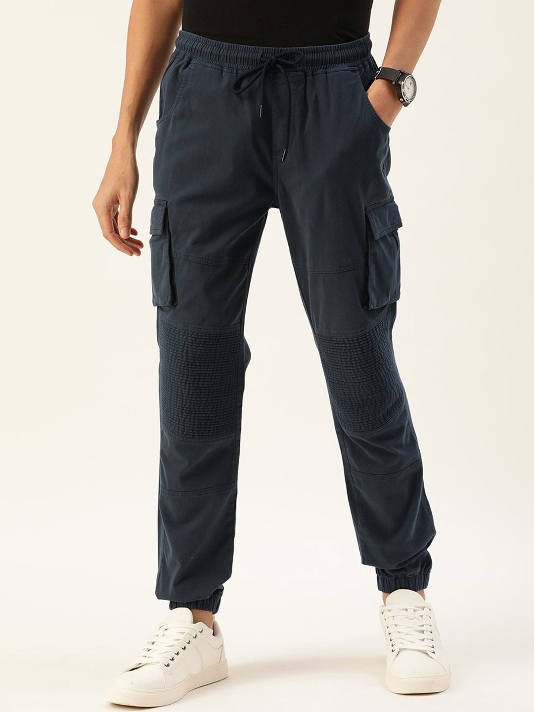 

Bene Kleed Men Mid-Rise Pure Cotton Cargo Joggers, Navy blue
