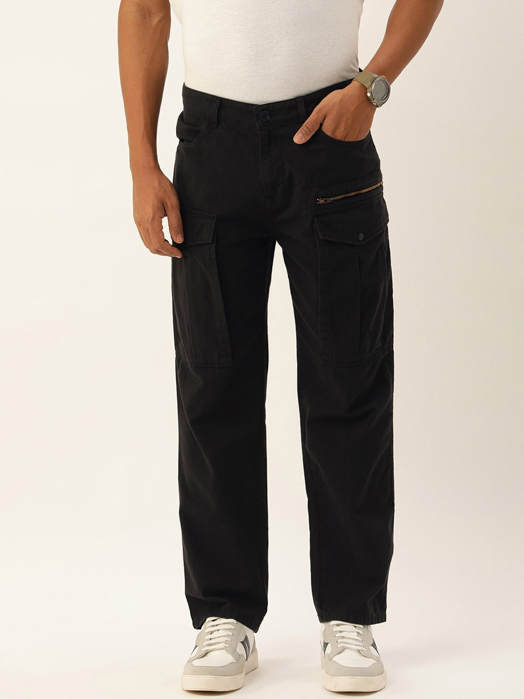 

Bene Kleed Men Relaxed Mid-Rise Pure Cotton Cargo Trousers, Black