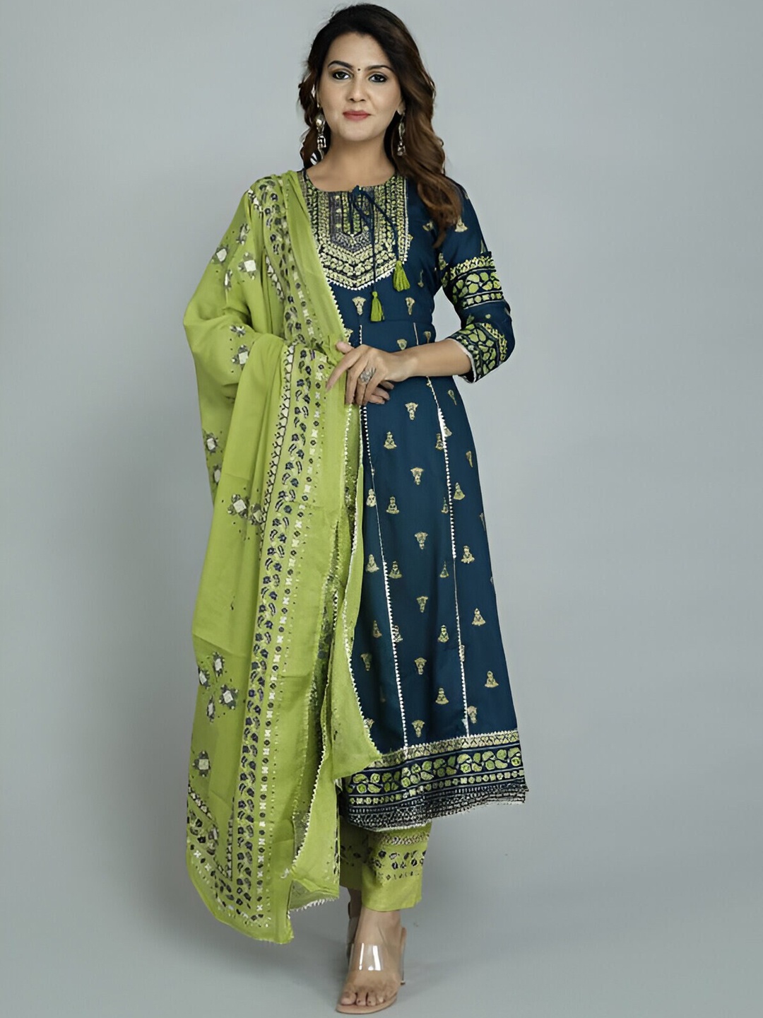

Subh LAXMI Ethnic Motifs Embroidered Empire Thread Work Kurta With Trousers & Dupatta, Blue