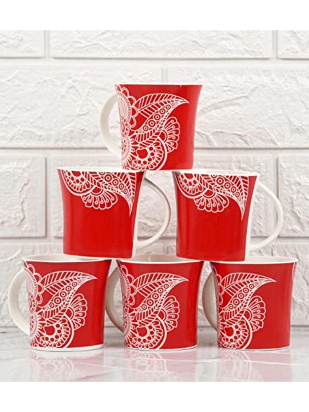 

Femora Red & White 6 Pcs Ethnic Motifs Printed Ceramic Glossy Cups Set 160 ml