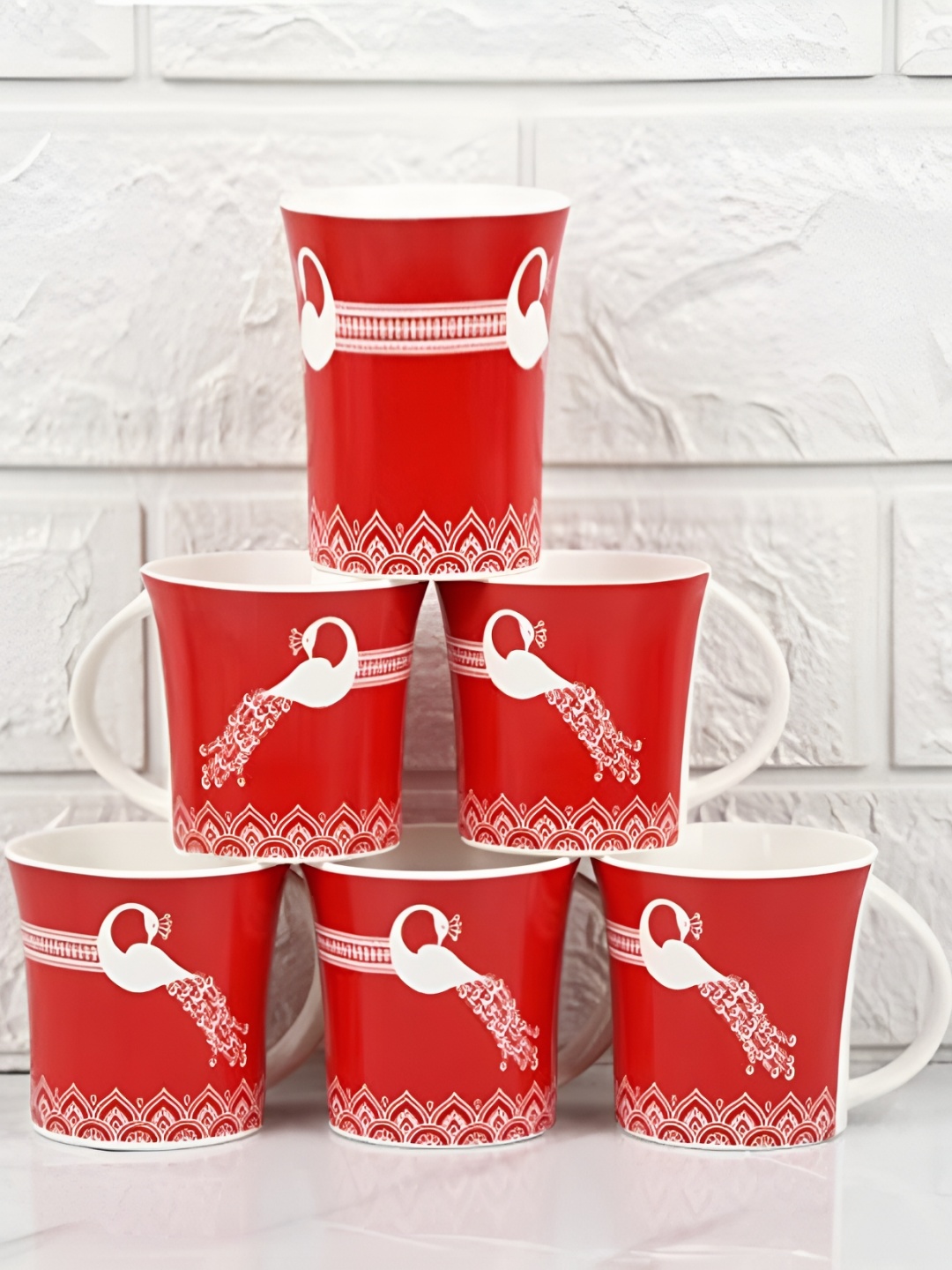 

Femora Red & White 6 Pcs Ethnic Motifs Printed Ceramic Glossy Cups Set 160 ml