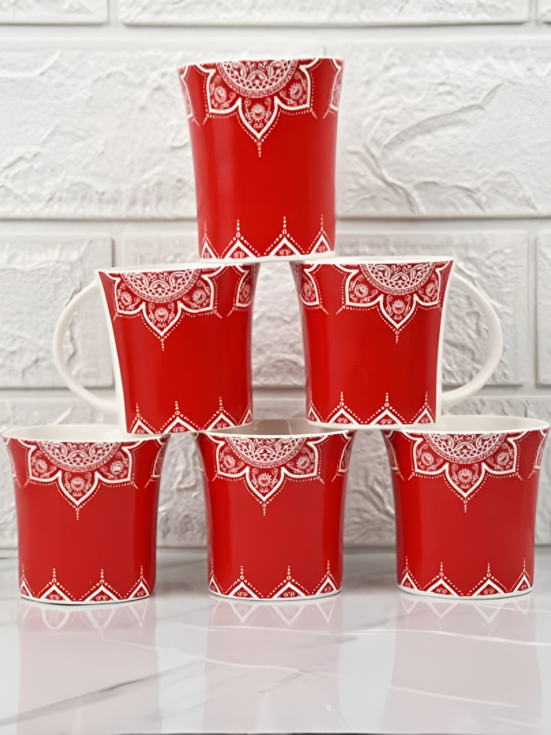 

Femora Red & White 6 Pcs Ethnic Motifs Printed Ceramic Glossy Cups Set 160 ml