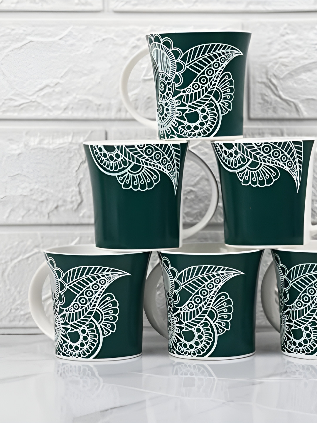 

Femora Green & White 6 Pcs Ethnic Motifs Printed Ceramic Glossy Cups Set 160 ml
