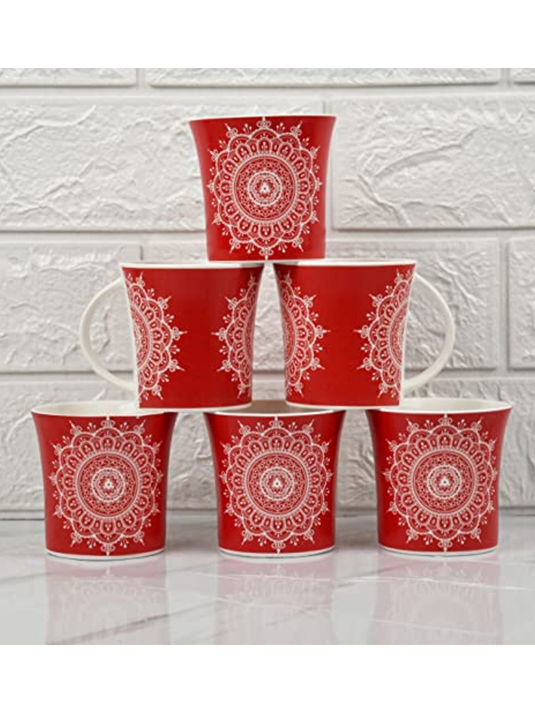 

Femora Red & White 6 Pcs Ethnic Motifs Printed Ceramic Glossy Cups Set 160 ml