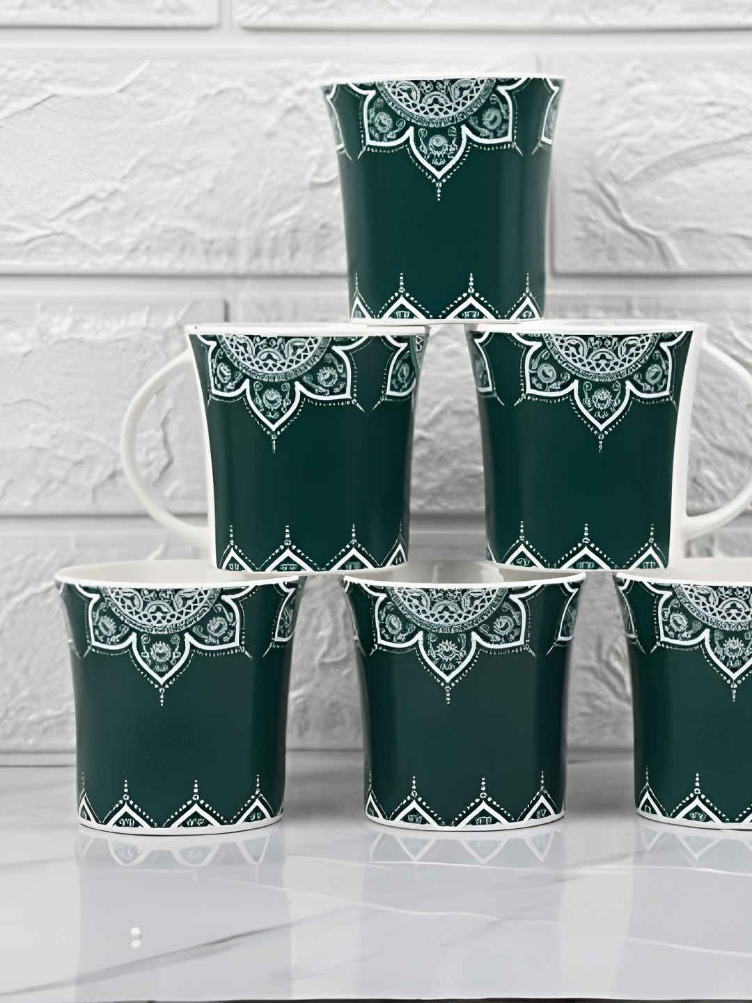 

Femora Green & White 6 Pcs Ethnic Motifs Printed Ceramic Glossy Cups Set 160 ml