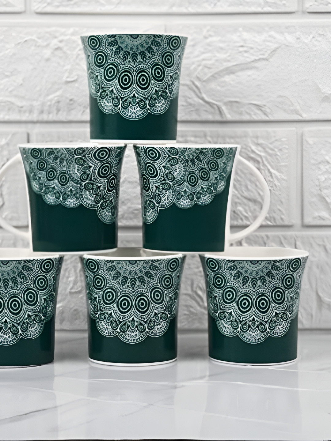 

Femora Green & White 6 Pcs Ethnic Motifs Printed Ceramic Glossy Cups Set 160 ml