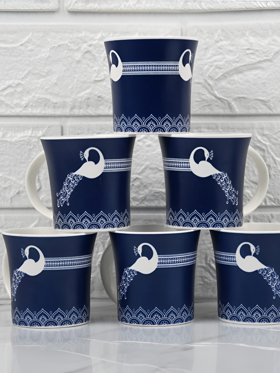 

Femora Blue & White 6 Pcs Ethnic Motifs Printed Ceramic Glossy Cups Set 160 ml