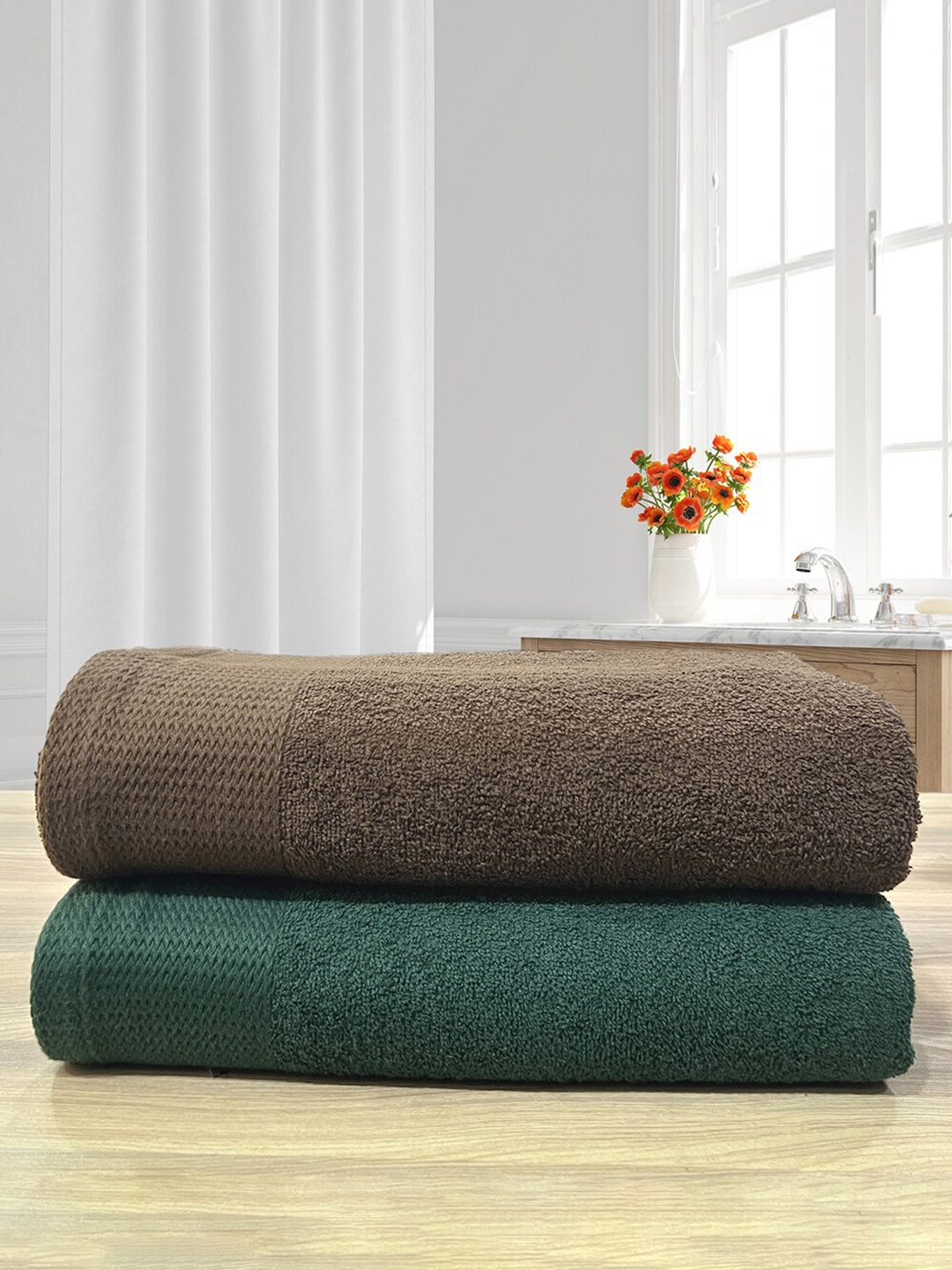 

LABHAM Revive Brown & Green 2 Pieces Cotton 450 GSM Bath Towels