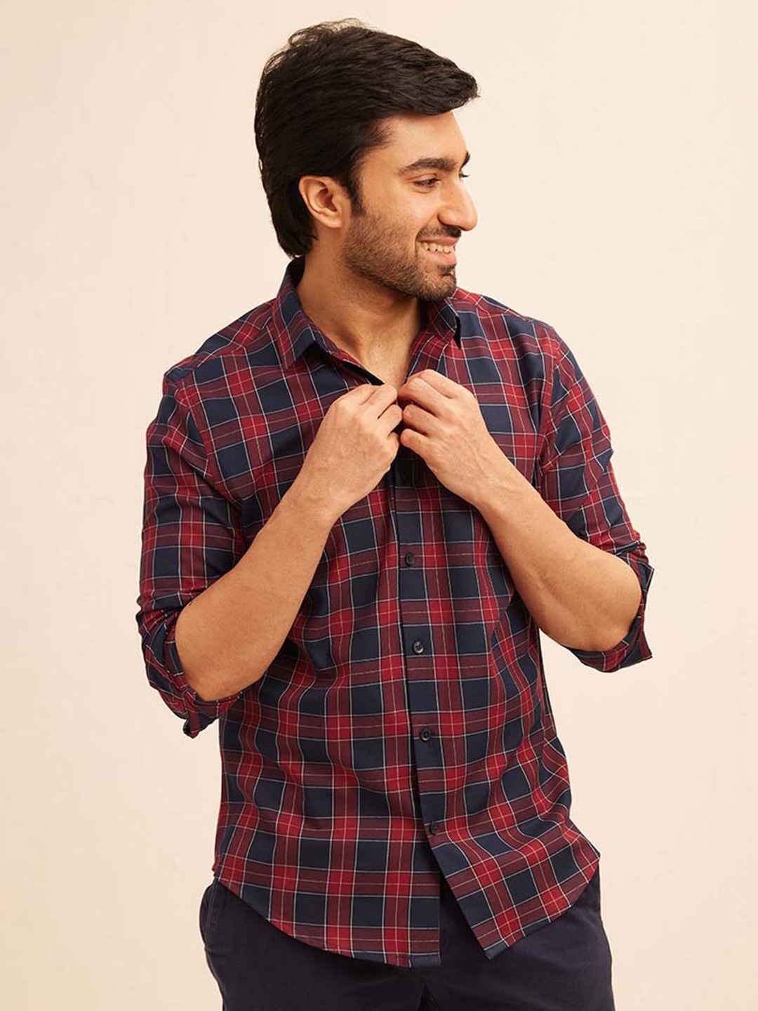 

The Bleu Label Classic Slim Fit Tartan Checked Cotton Casual Shirt, Navy blue