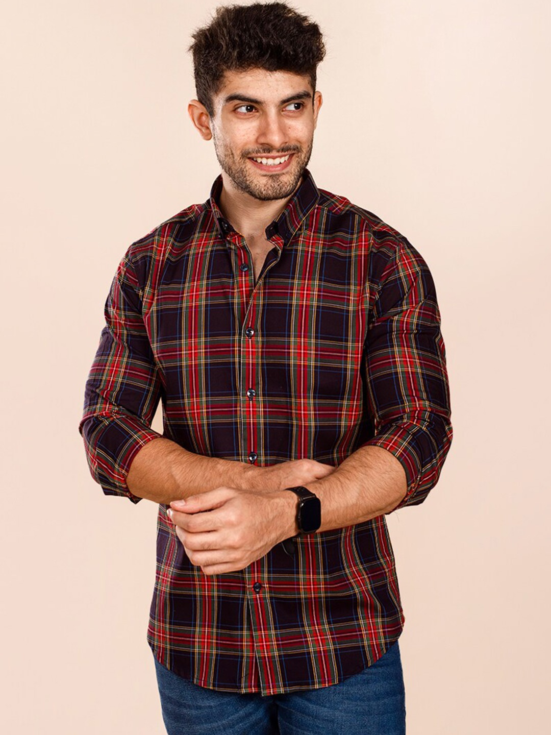 

The Bleu Label Classic Slim Fit Tartan Checked Cotton Casual Shirt, Black