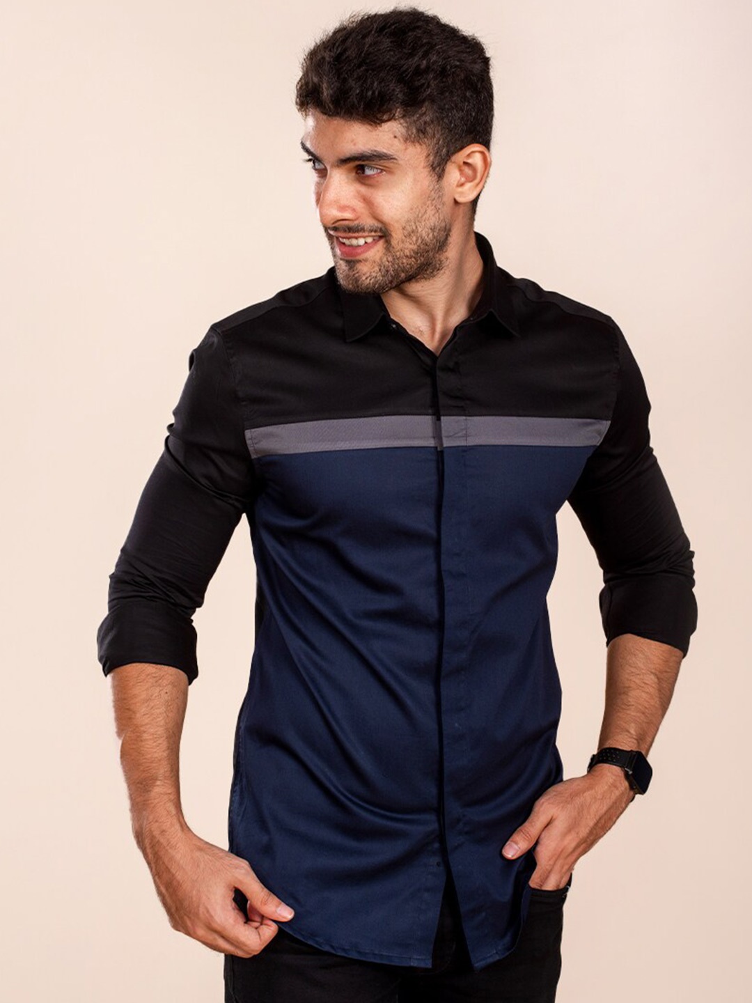 

The Bleu Label Classic Slim Fit Colourblocked Cotton Casual Shirt, Black