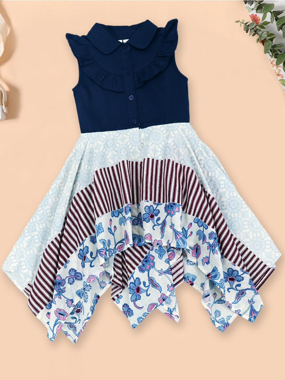 

INCLUD Girls Floral Printed Fit & Flare Midi Cotton Dress, Navy blue