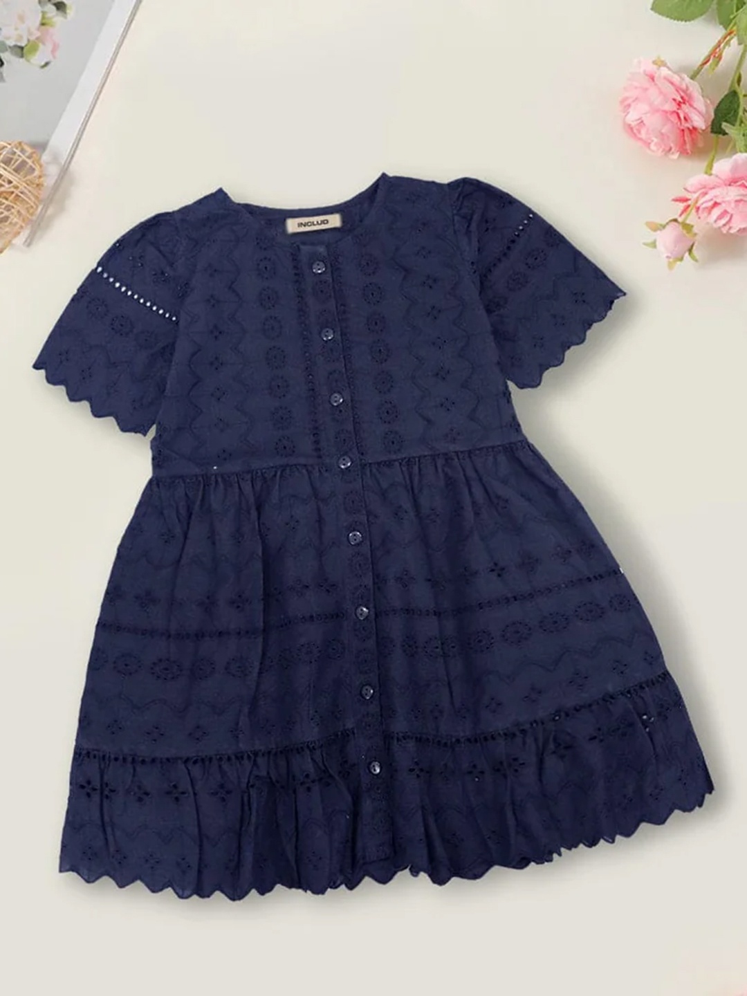

INCLUD Flared Sleeve Fit & Flare Dress, Navy blue