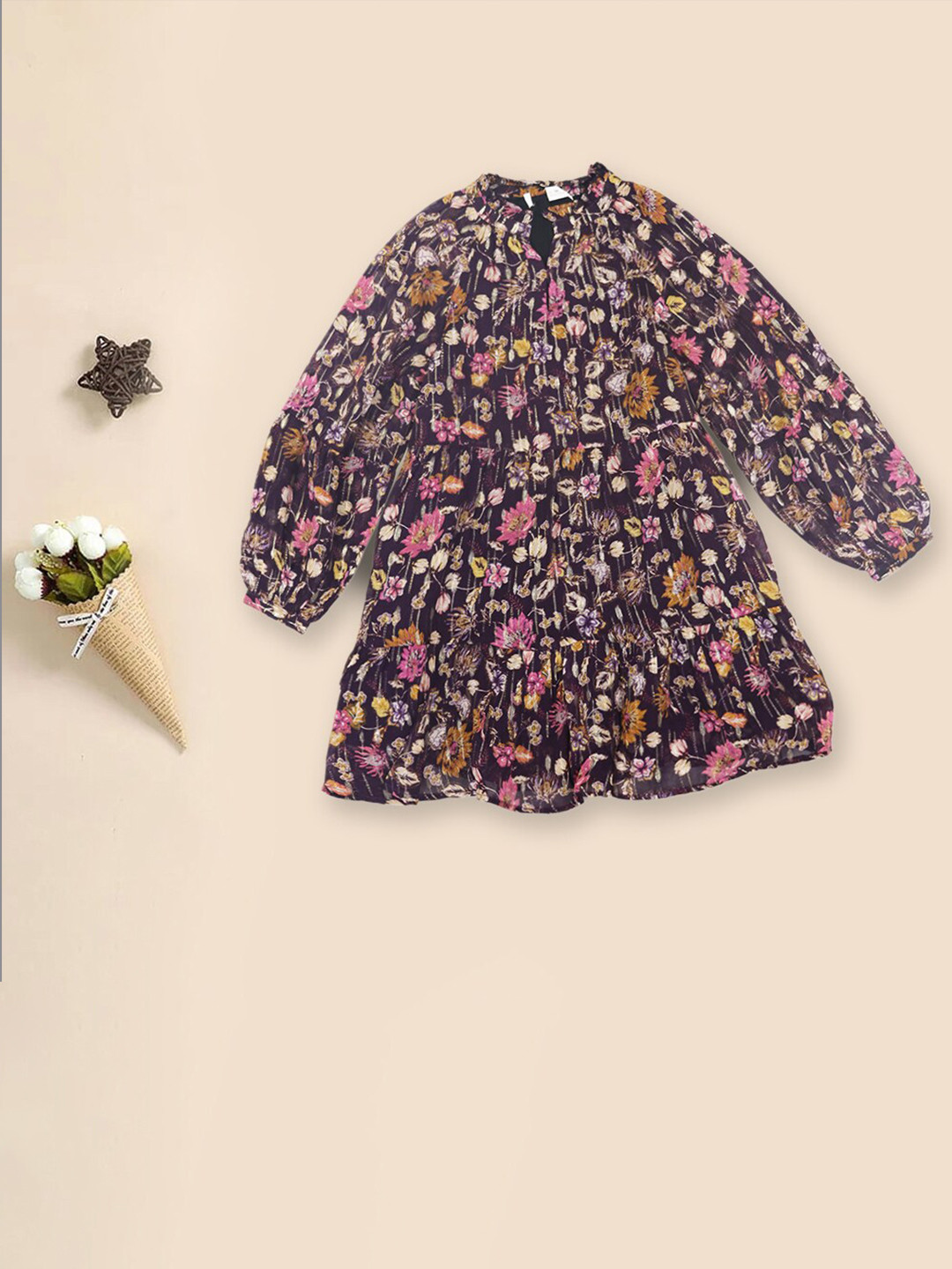 

INCLUD Girls Floral Printed Puffed Sleeves Mandarin Collar Fit and Flare Dress, Black