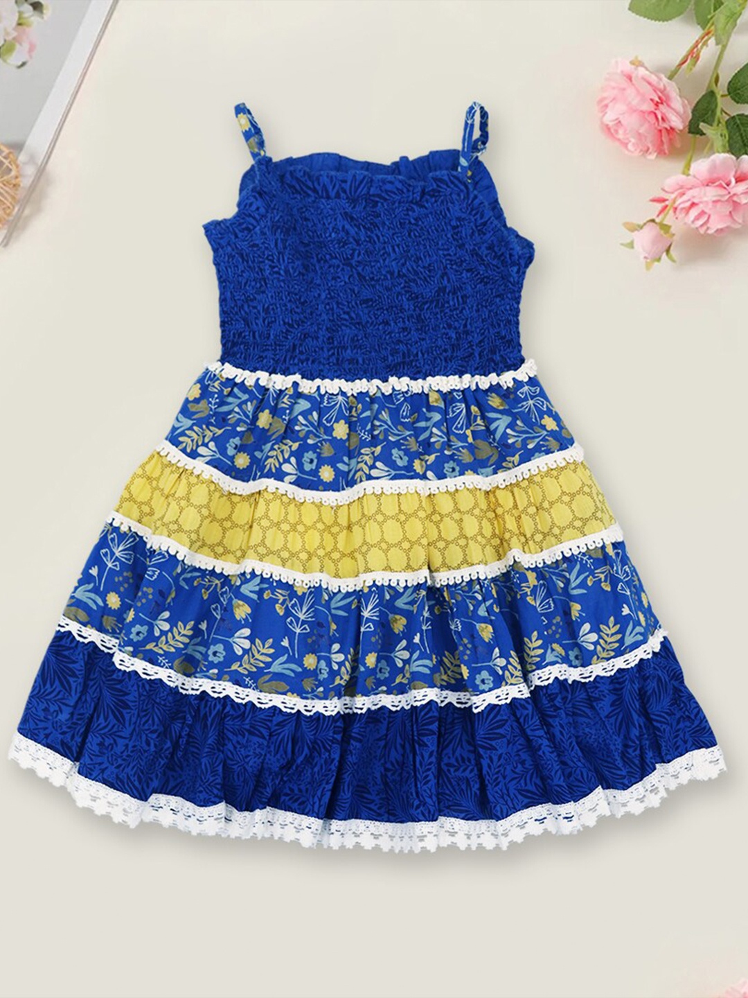 

INCLUD Girls Floral Printed Shoulder Straps Smocked Tiered Cotton Fit & Flare Dress, Blue