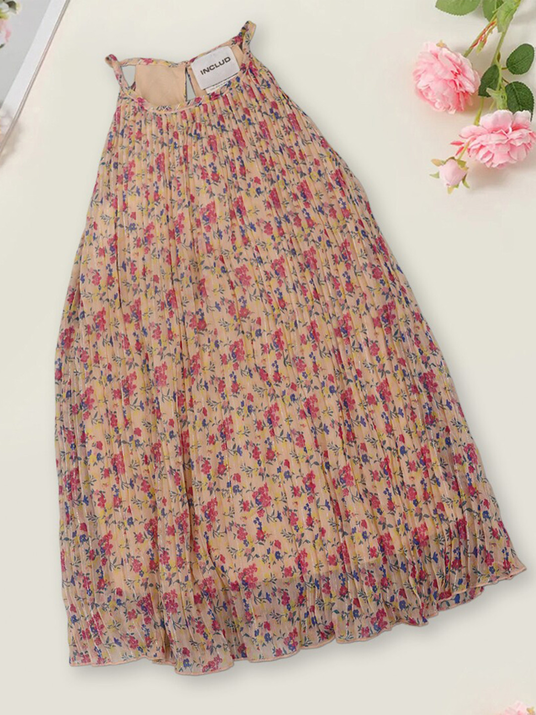 

INCLUD Girls Floral Printed A-line Maxi Dress, Peach