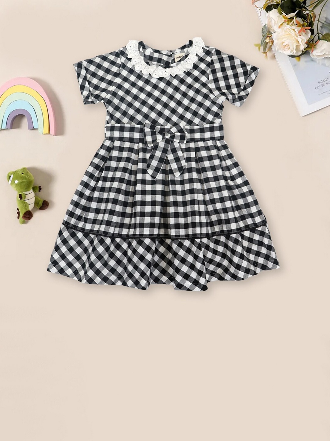 

INCLUD Girls Gingham Checked Bow-Detailed Cotton Fit & Flare Dress, Black