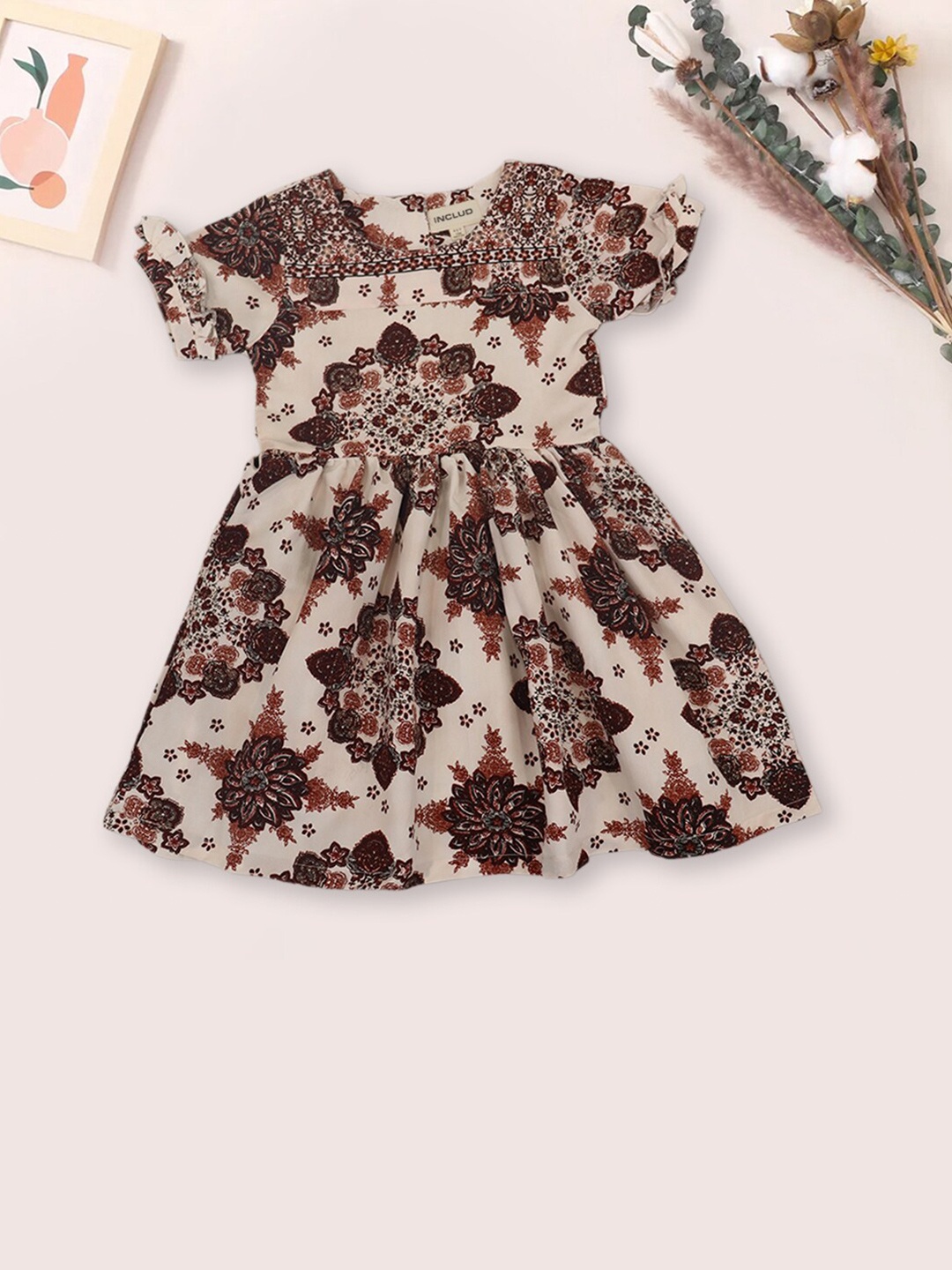 

INCLUD Girls Ethnic Motif Printed Fit & Flare Dress, Beige