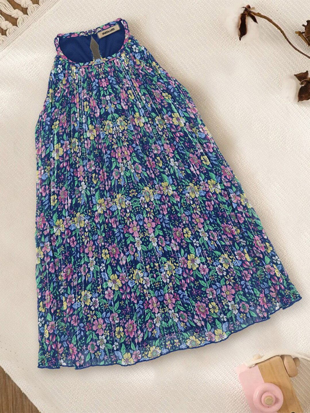 

INCLUD Girls Floral Printed A-line Maxi Dress, Navy blue