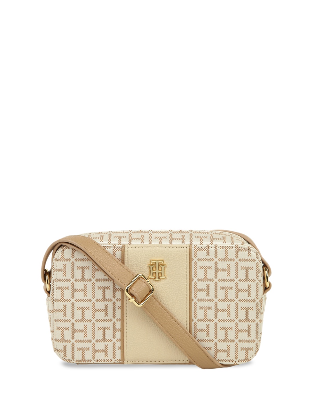 

Tommy Hilfiger Typography Printed Structured Sling Bag, Beige