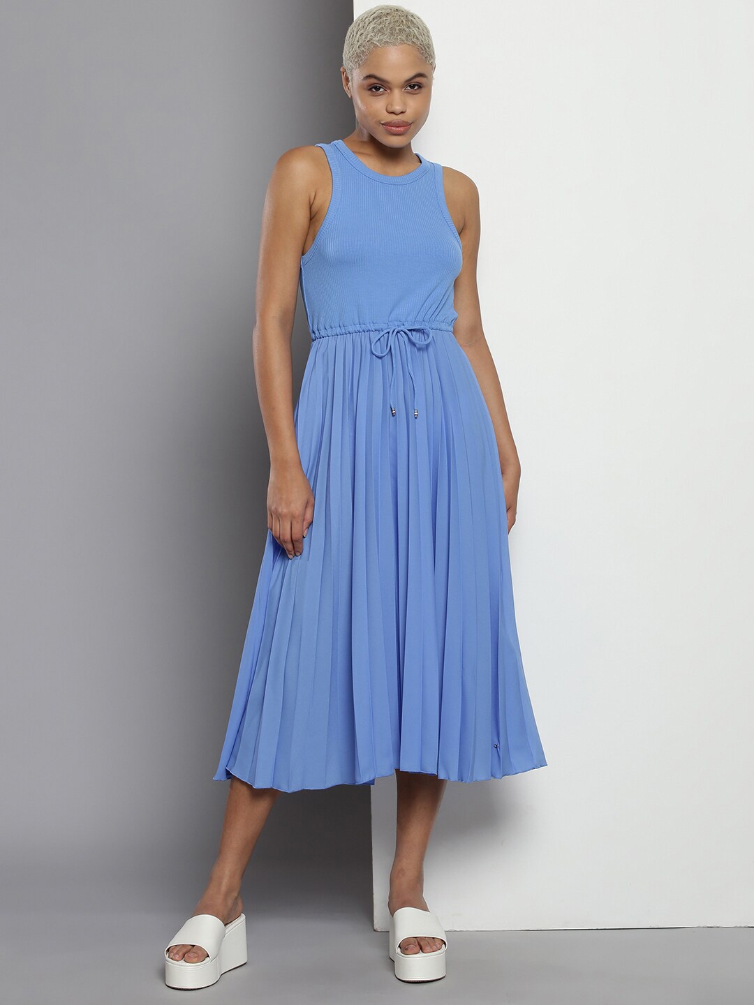 

Tommy Hilfiger Shoulder Straps Tie Up Fit & Flare Midi Dress, Blue