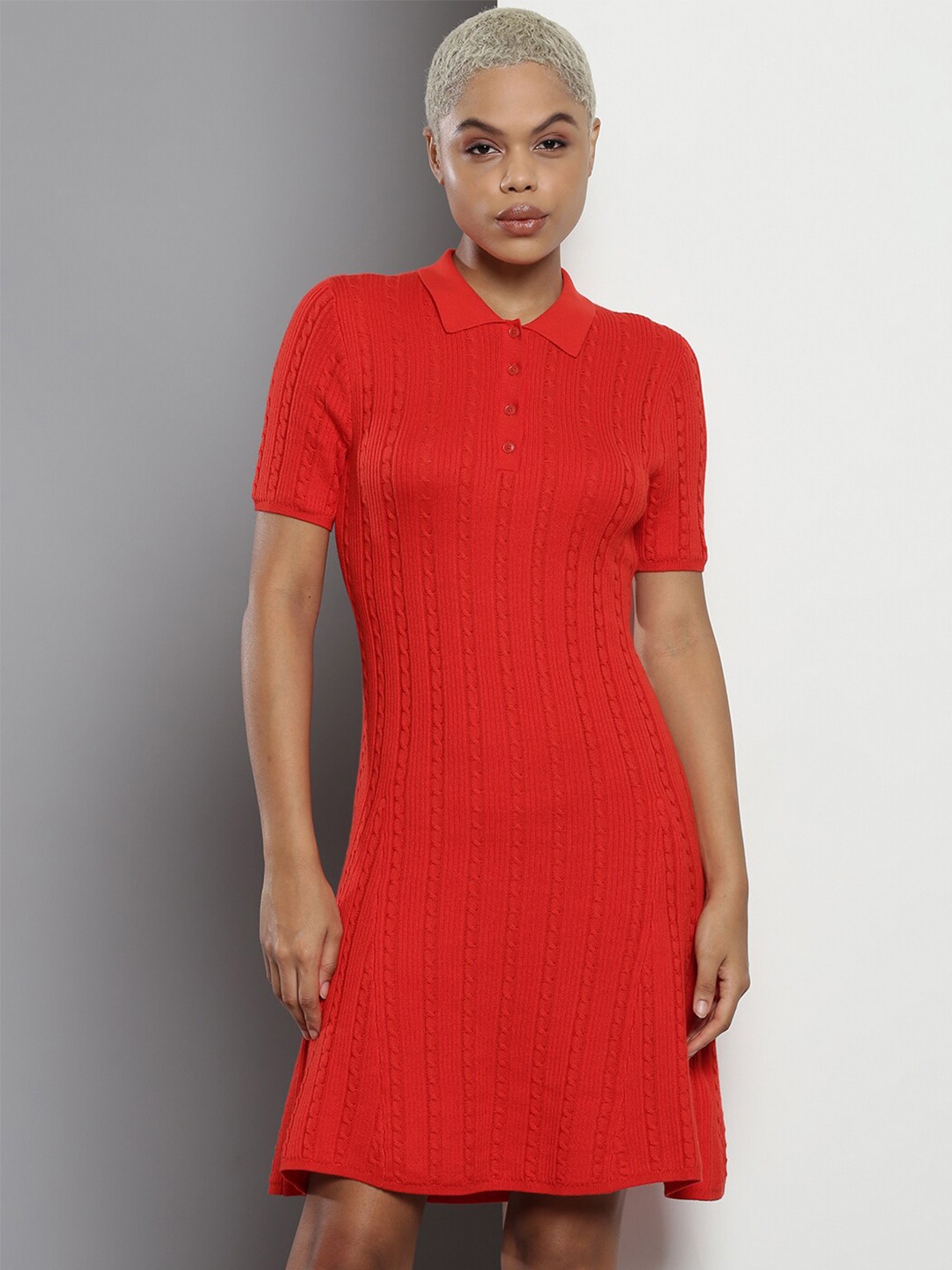 

Tommy Hilfiger Self Design Shirt Collar Organic Cotton T-Shirt Dress, Red