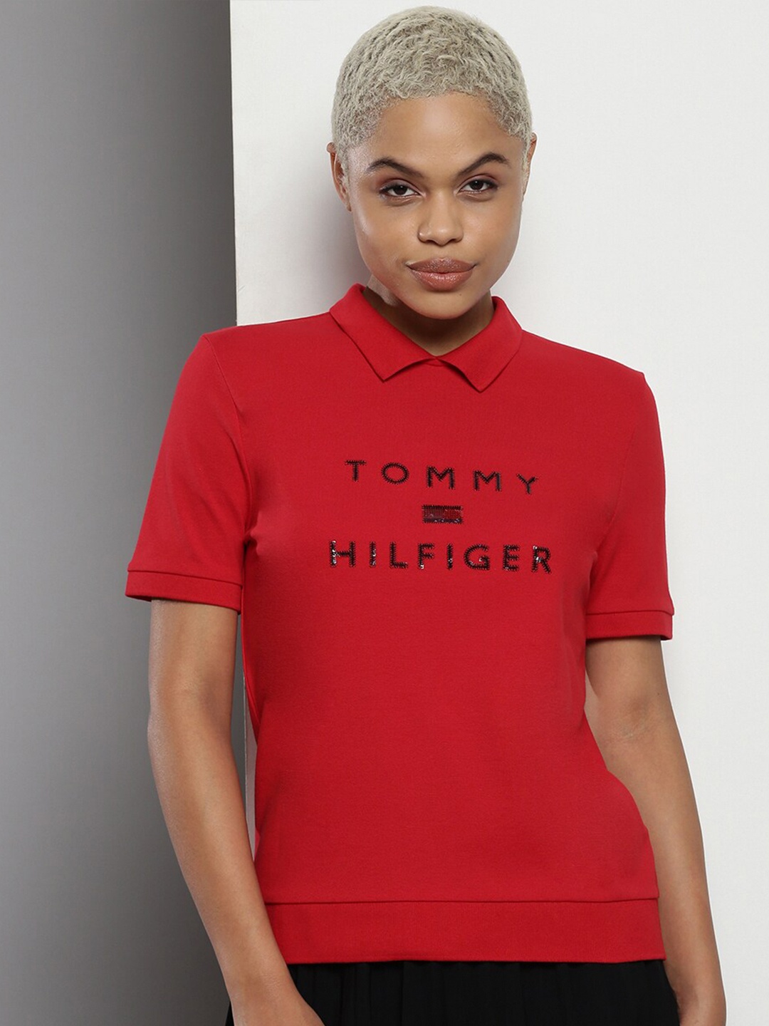 

Tommy Hilfiger Typography Printed Organic Cotton Polo Collar T-shirt, Red