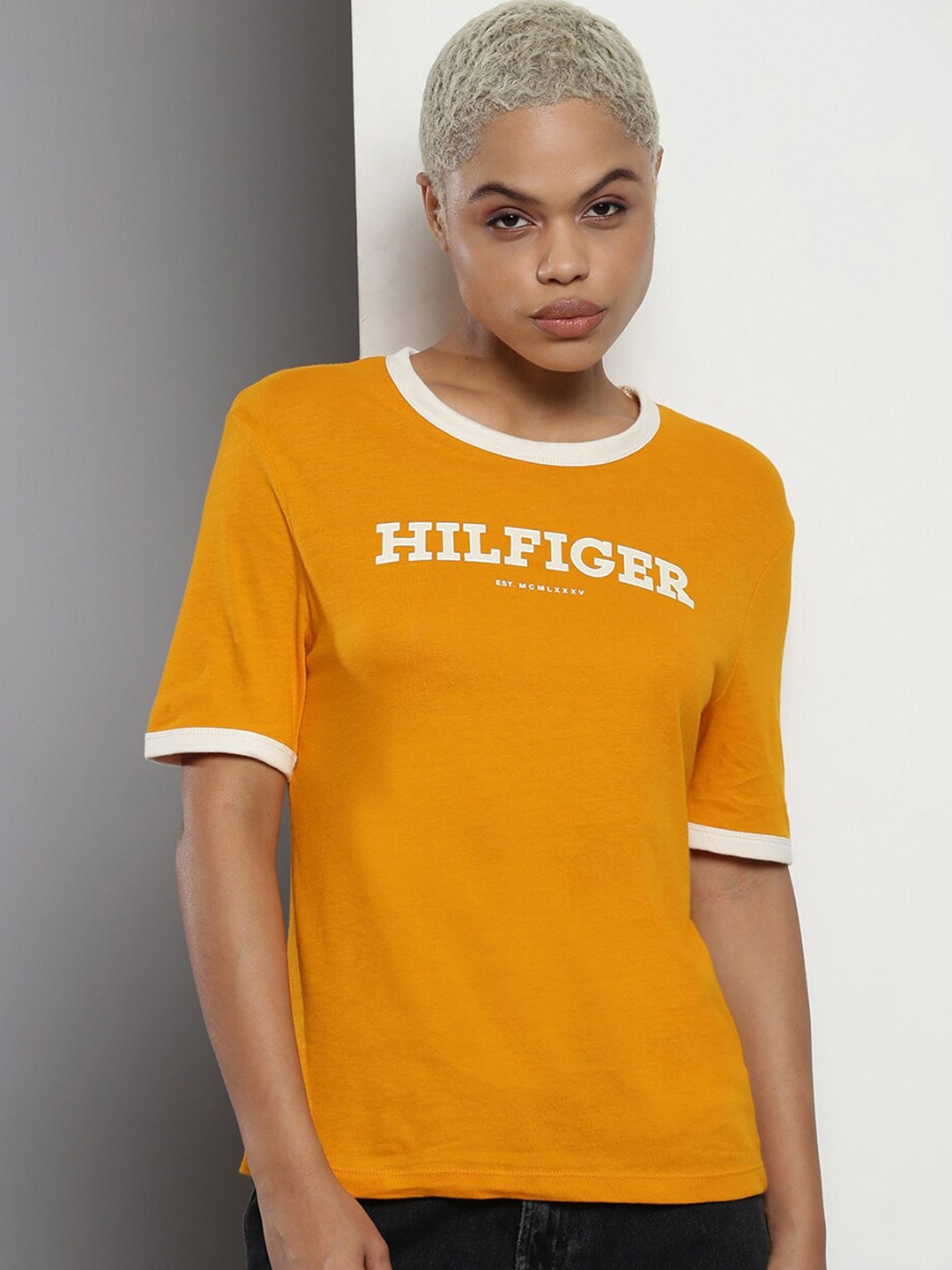 

Tommy Hilfiger Typography Printed Cotton T-shirt, Yellow