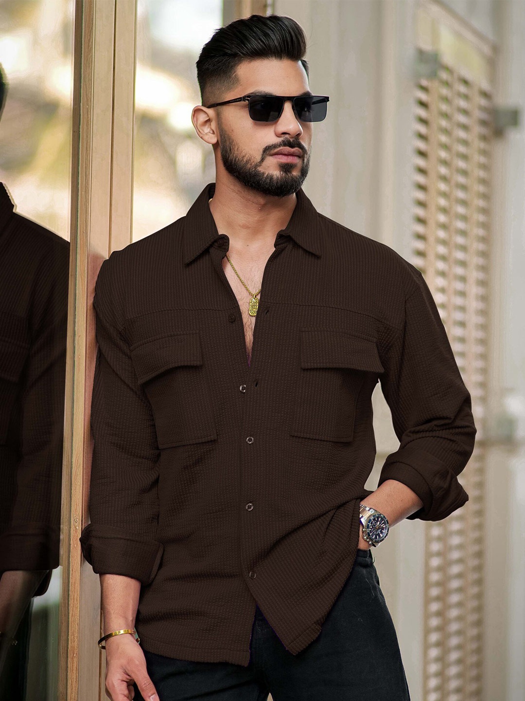 

Maniac Classic Textured Long Sleeves Cotton Casual Shirt, Brown