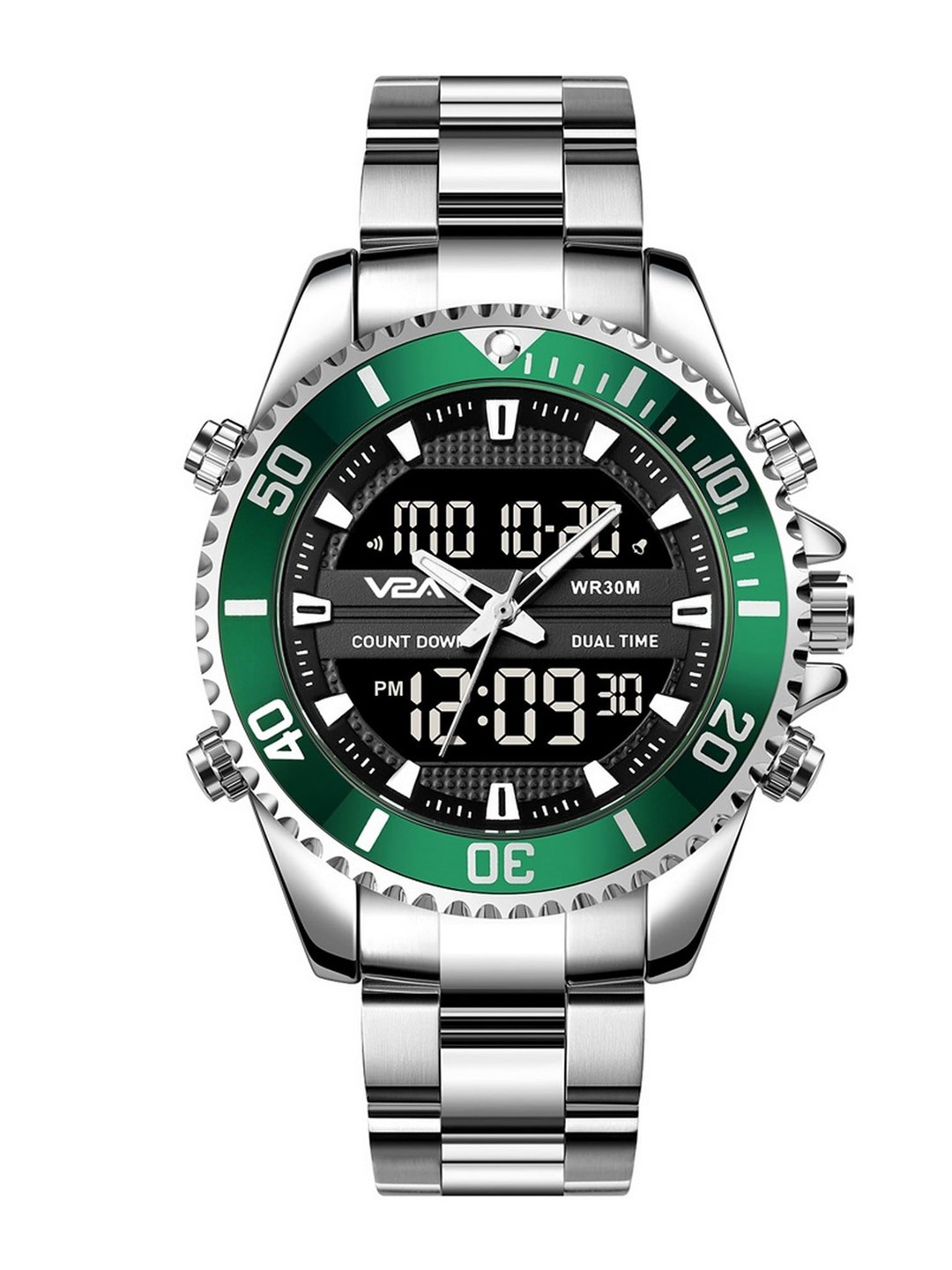 

V2A Men Stainless Steel Bracelet Style Straps Analogue and Digital Watch V2A-1850-Slvr-Grn, Silver