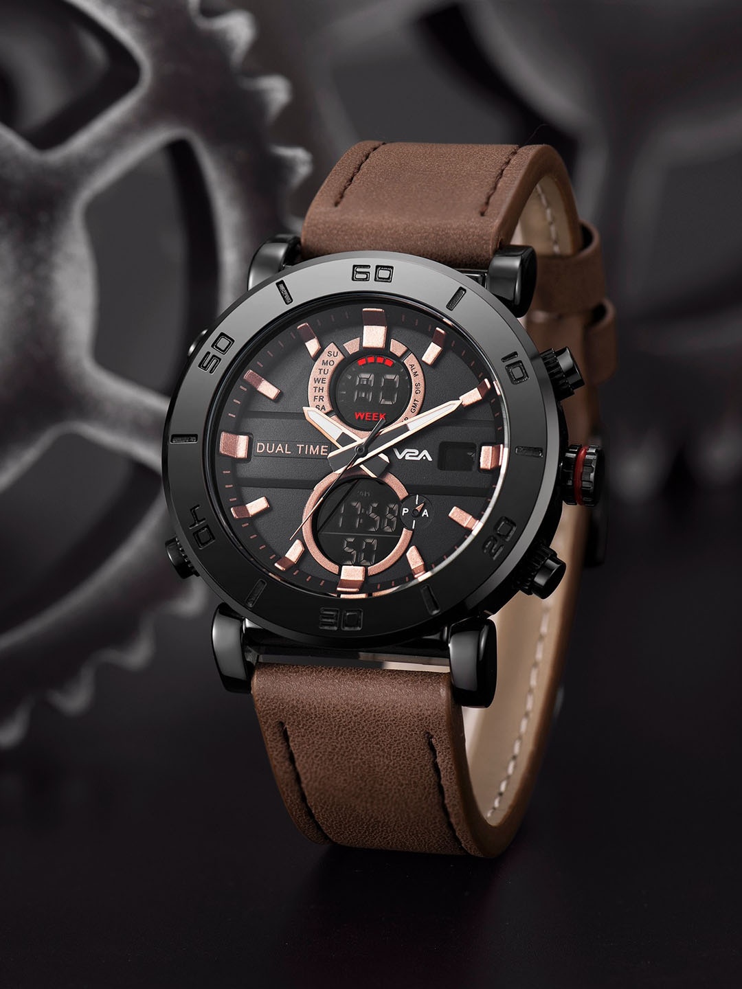 

V2A Men Leather Straps Multi-Function Analogue Watch V2A-6010, Brown