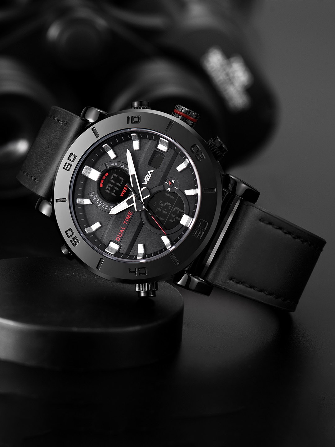 

V2A Men Textured Dial Leather Multi Function Analogue Watch V2A-6010-Black-Black
