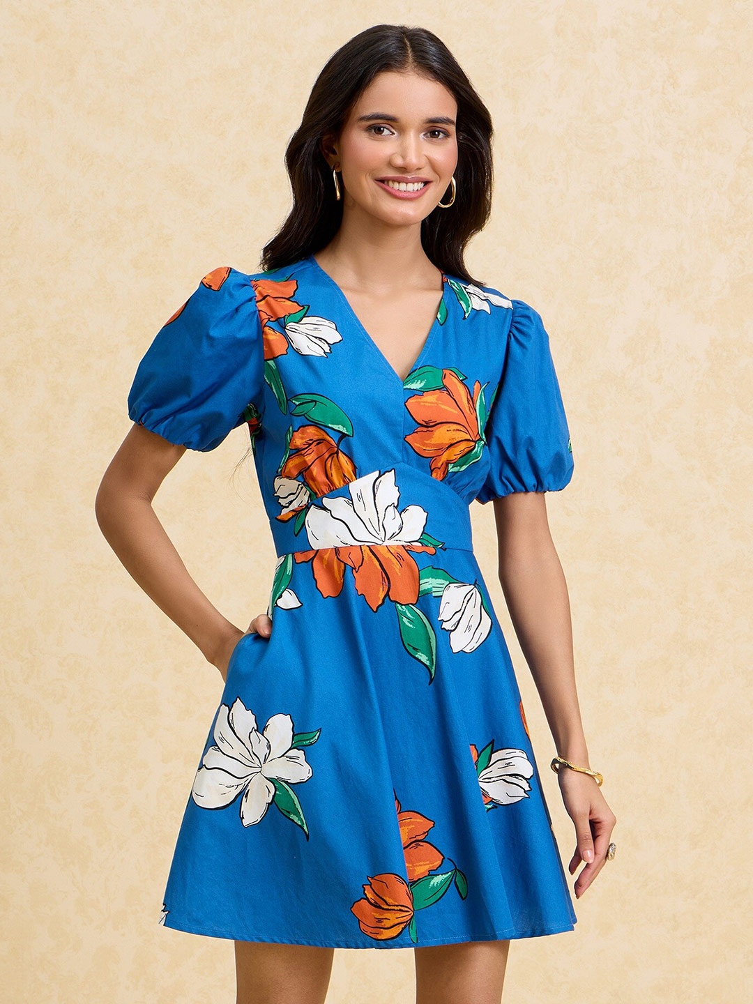 

20Dresses Blue Floral Printed V-Neck Puff Sleeves Cotton Fit & Flare Mini Dress