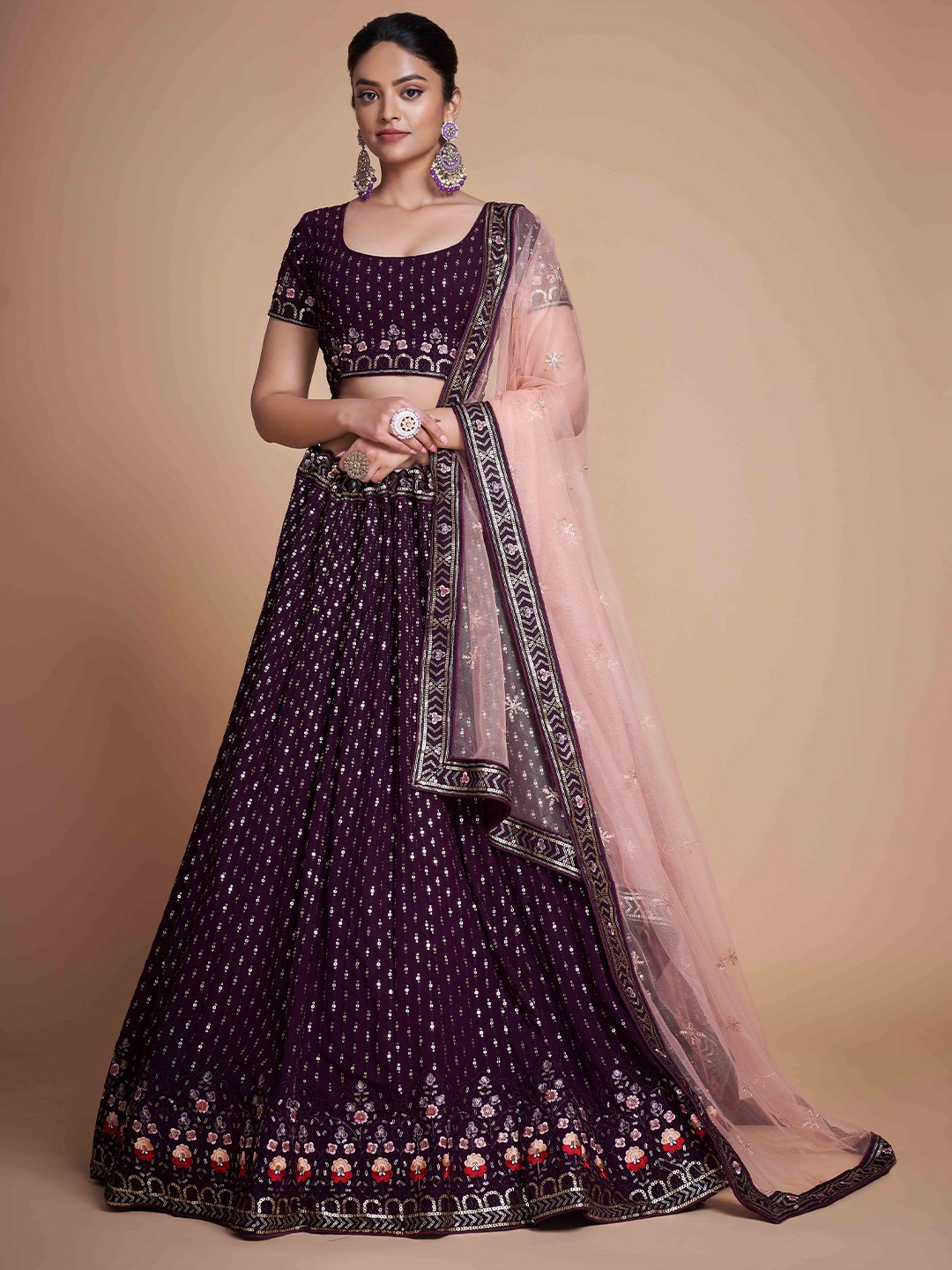 

Divyadham Textiles Embroidered Sequinned Semi-Stitched Lehenga & Unstitched Blouse With Dupatta, Purple