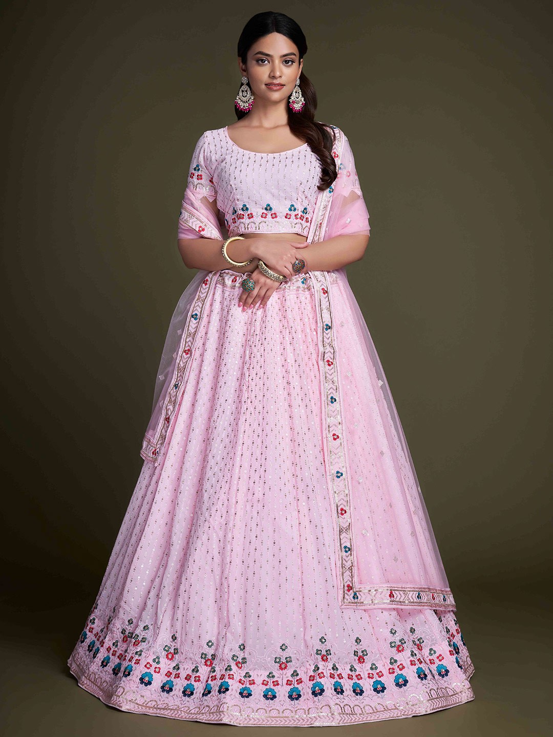 

Divyadham Textiles Embroidered Semi-Stitched Lehenga & Unstitched Blouse With Dupatta, Pink