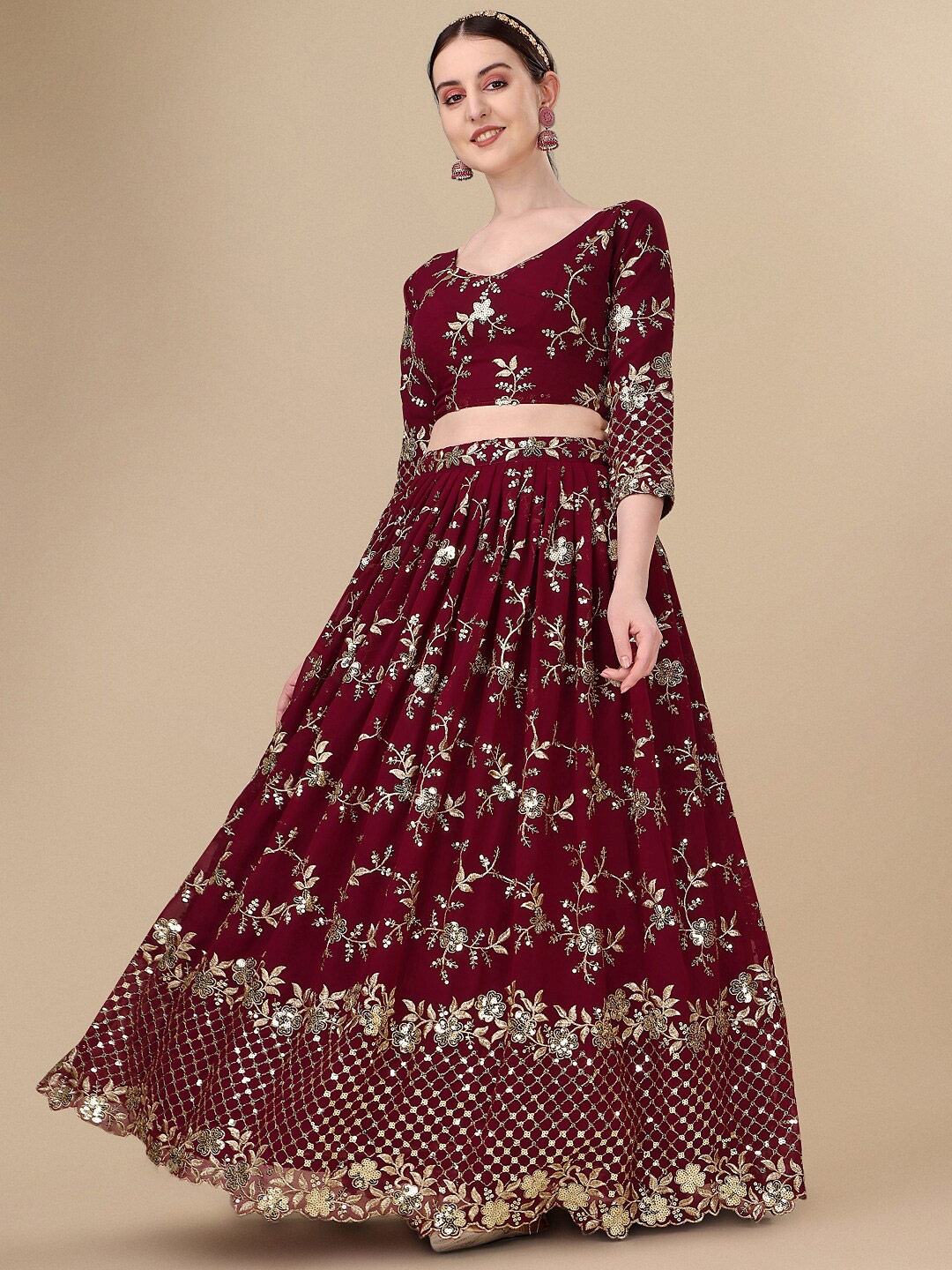 

Divyadham Textiles Embroidered Semi-Stitched Lehenga & Unstitched Blouse With Dupatta, Maroon