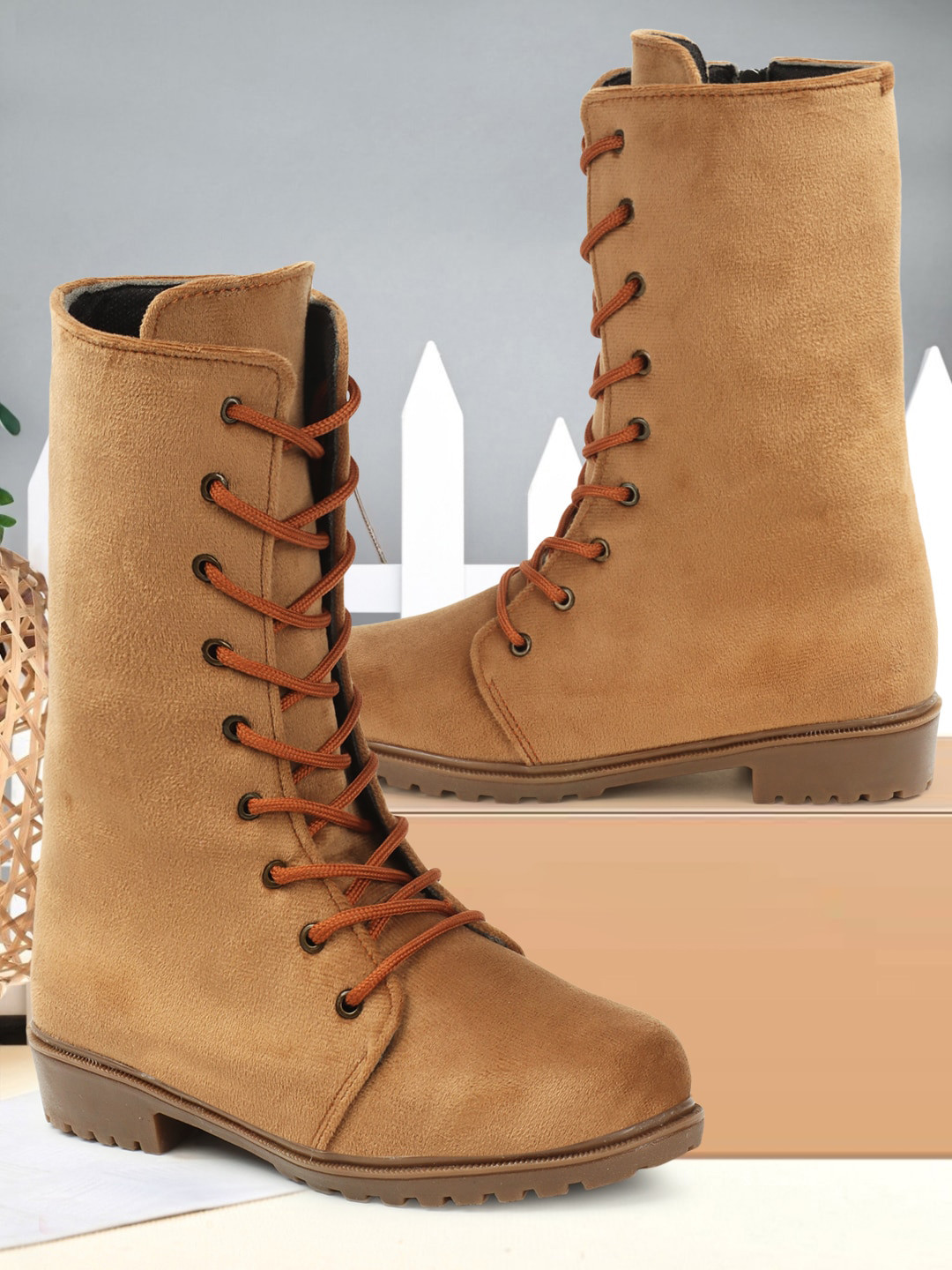

FASHIMO Women High Top Heeled Boots, Tan
