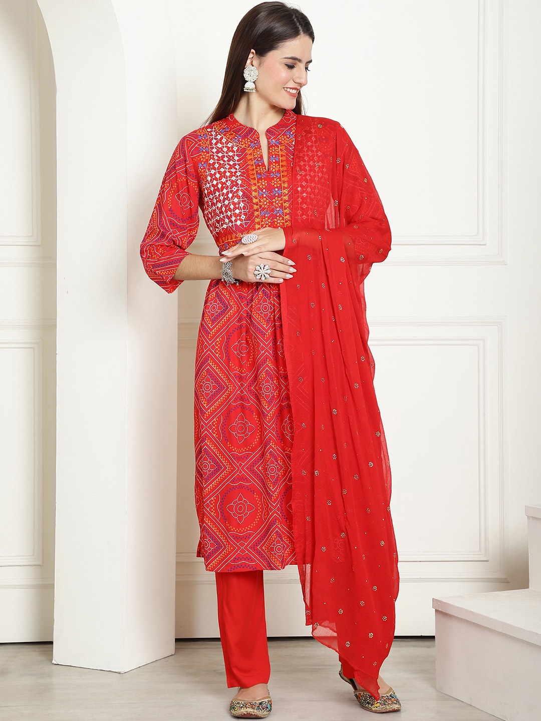

Kamayra Bandhani Printed Band Collar Thread Work Kurta with Trousers & Dupatta, Red