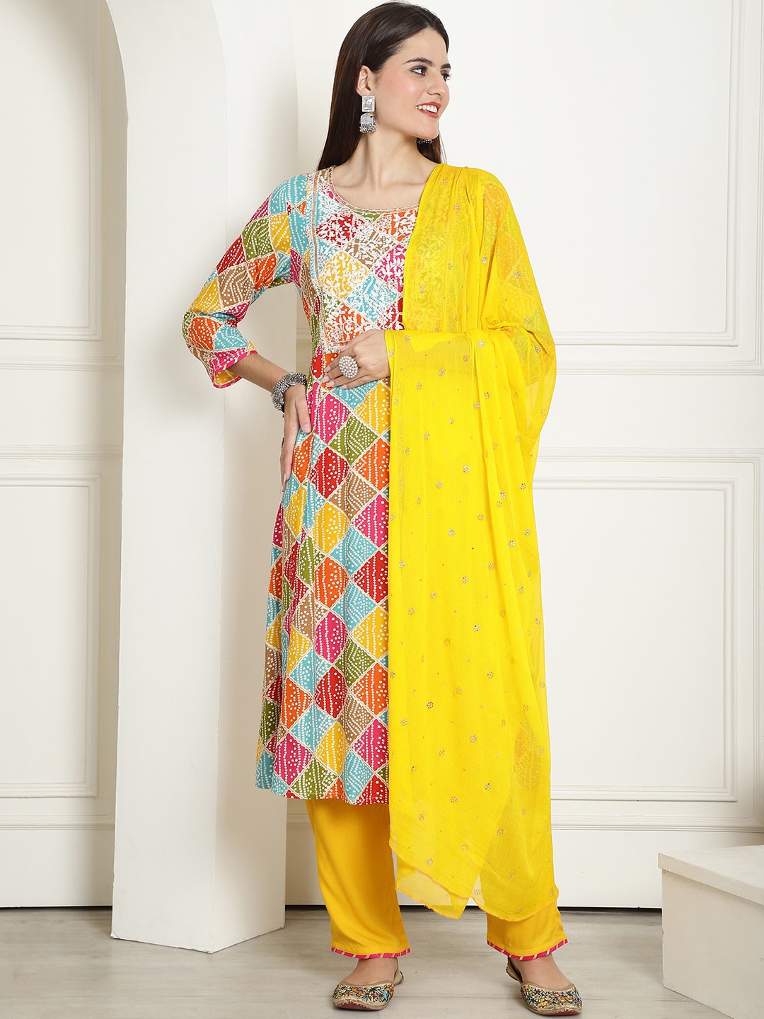 

Kamayra Bandhani Printed Thread Work Kurta with Trousers & Dupatta, Mustard