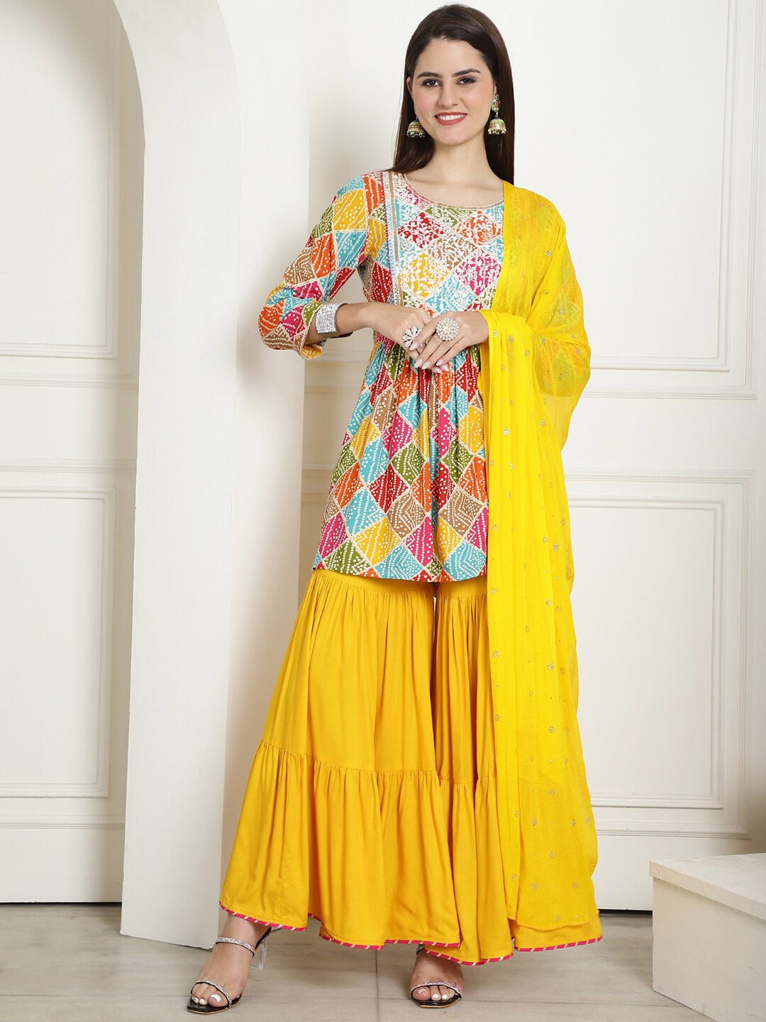 

Kamayra Bandhani Printed Thread Work Kurta with Sharara & Dupatta, Mustard