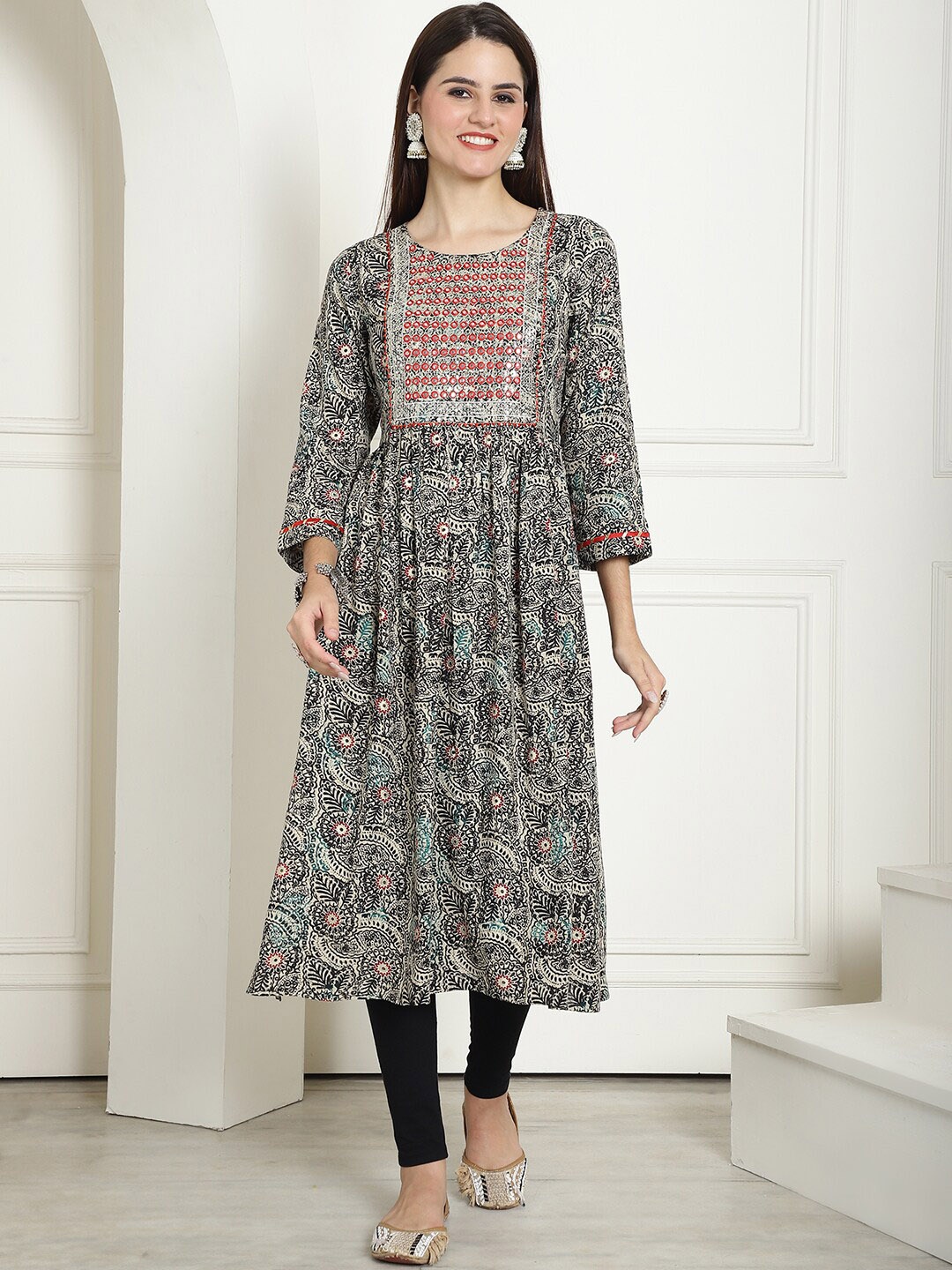 

Kamayra Ethnic Motifs Printed Mirror Work A-Line Kurta, Black