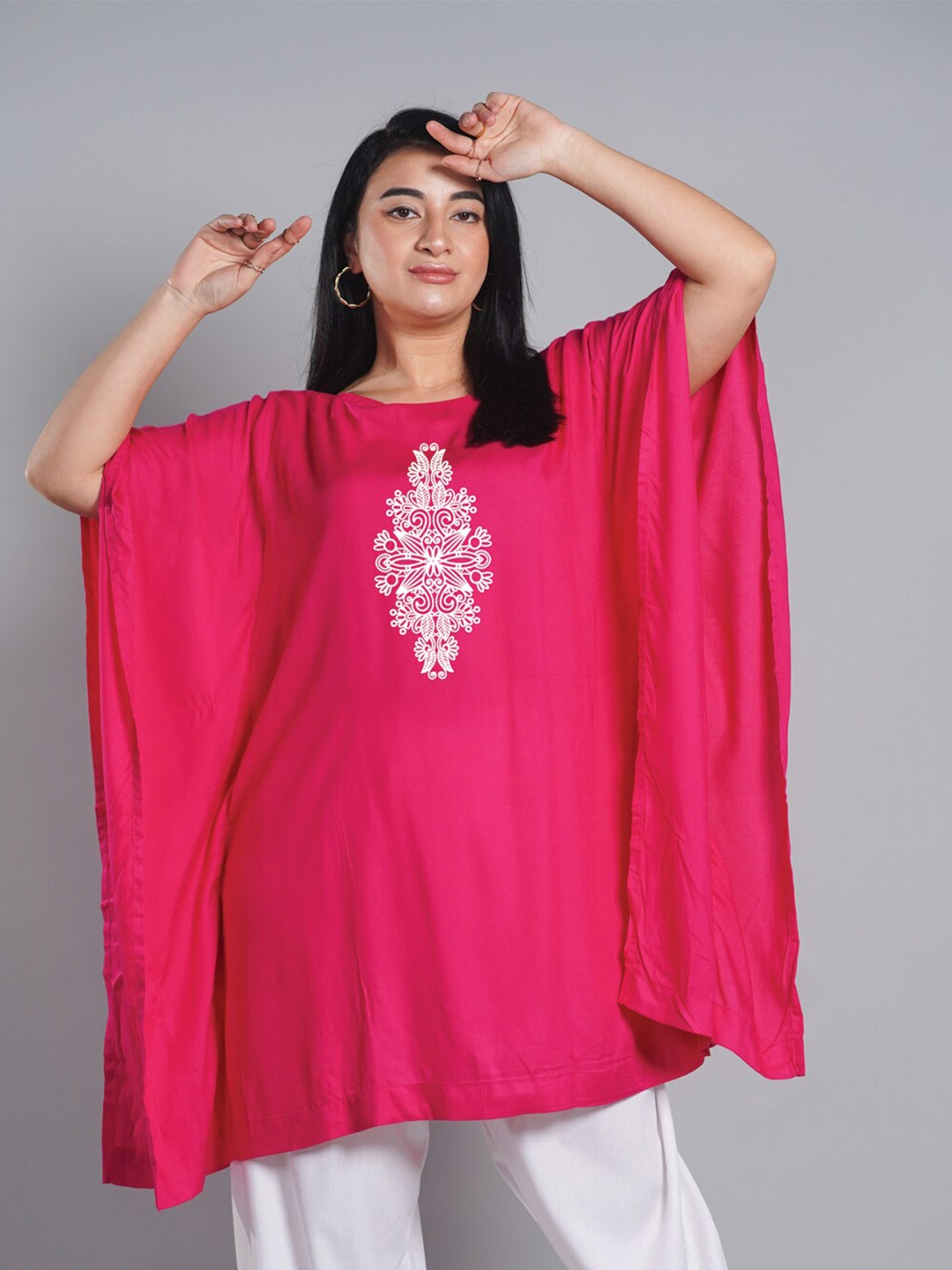 

LetsDressUp Ethnic Motifs Printed Boat Neck Kaftan Kurti, Magenta
