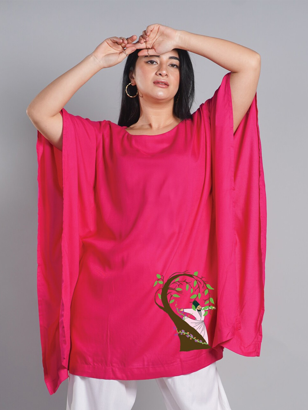 

LetsDressUp Ethnic Motifs Printed Boat Neck Flared Sleeves Kaftan Kurti, Magenta